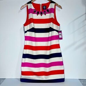 Vince Camuto Striped Jeweled Neckline Sleeveless Dress